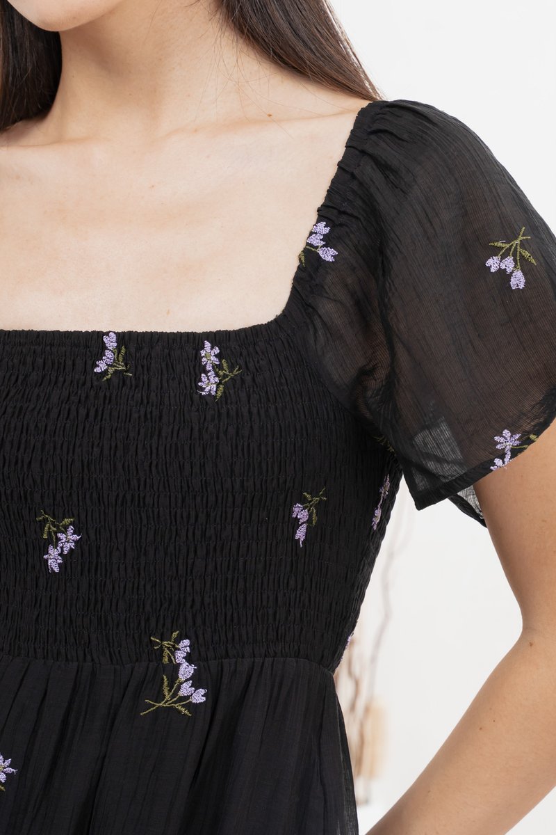 Cottis Smocked Embroidery Midi Dress In Black