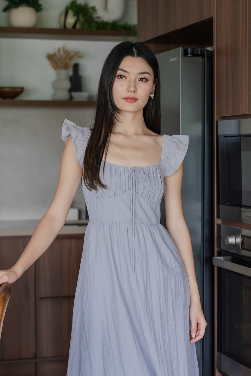 Kura Ruched Ribbon Midi Dress In Light Grey