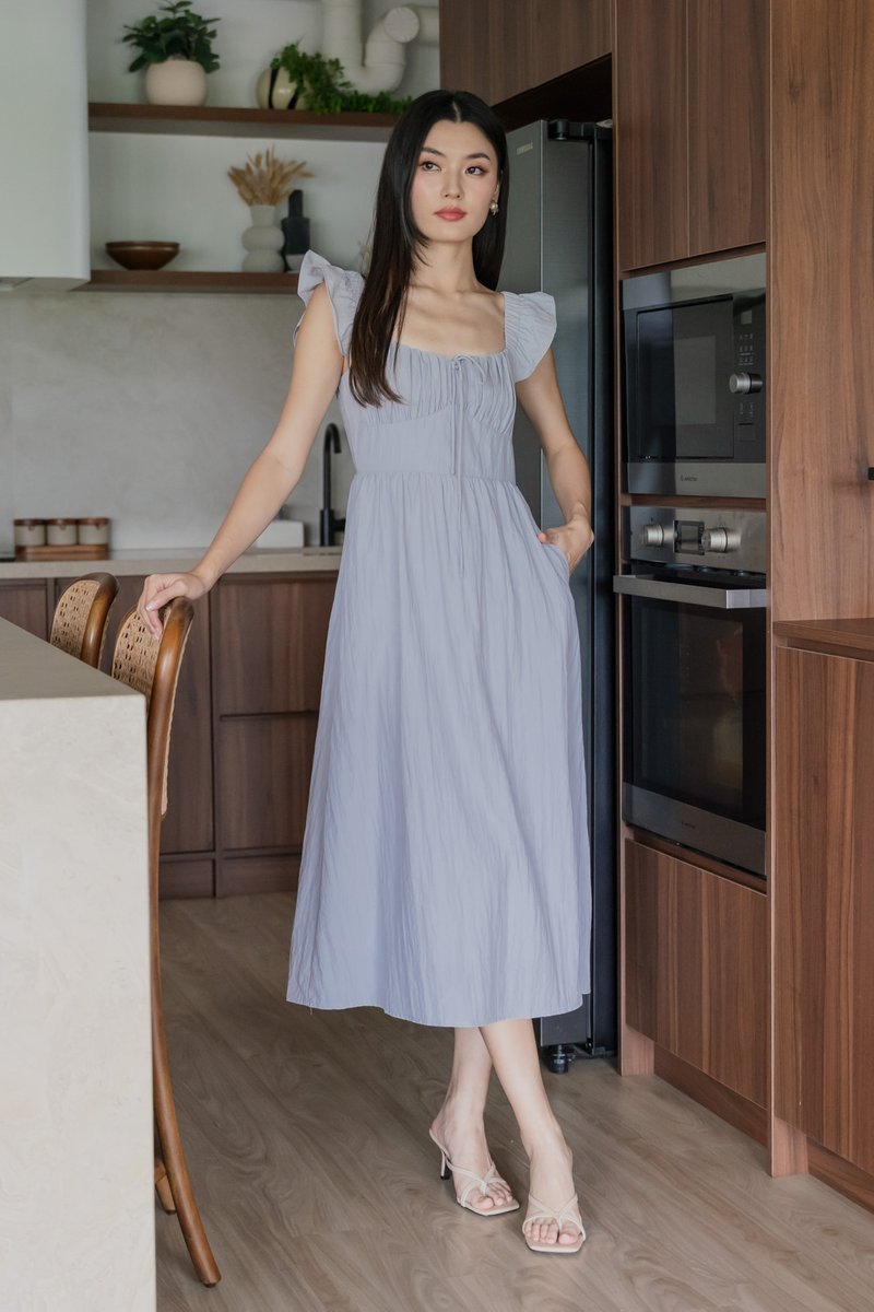 Kura Ruched Ribbon Midi Dress In Light Grey