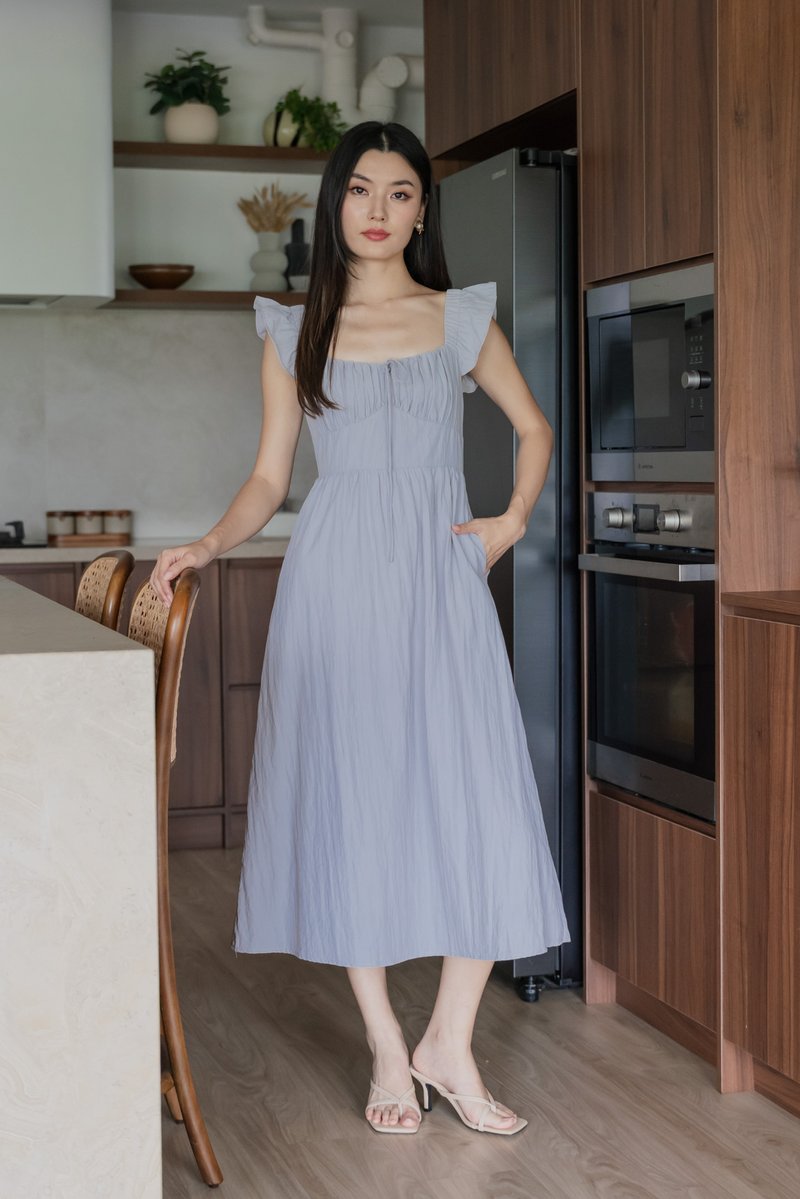 Kura Ruched Ribbon Midi Dress In Light Grey