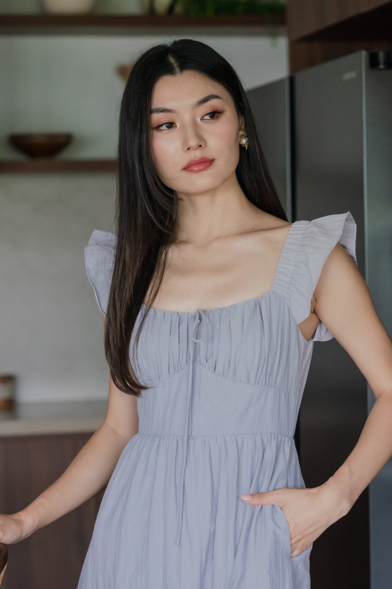 Kura Ruched Ribbon Midi Dress In Light Grey