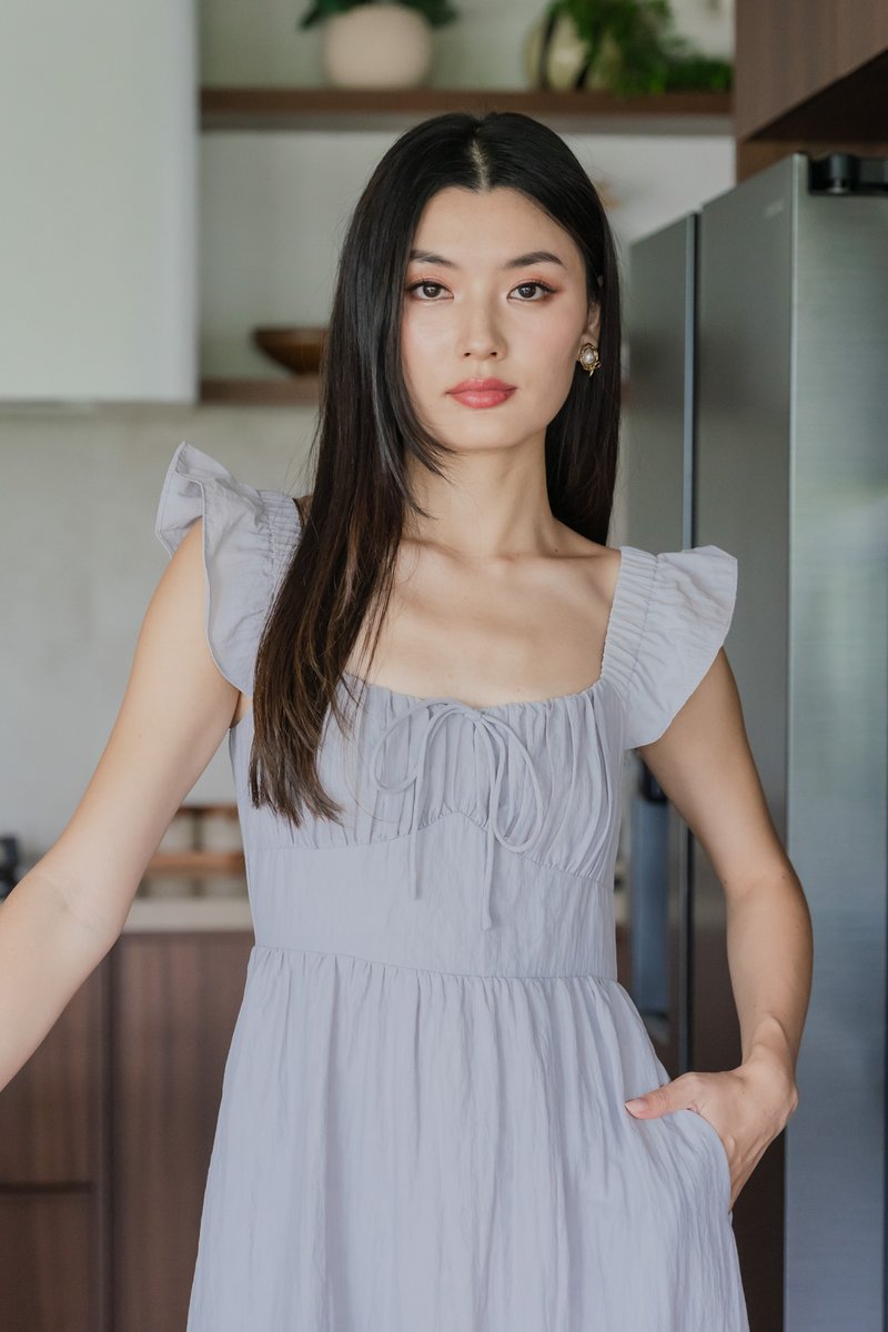 Kura Ruched Ribbon Midi Dress In Light Grey