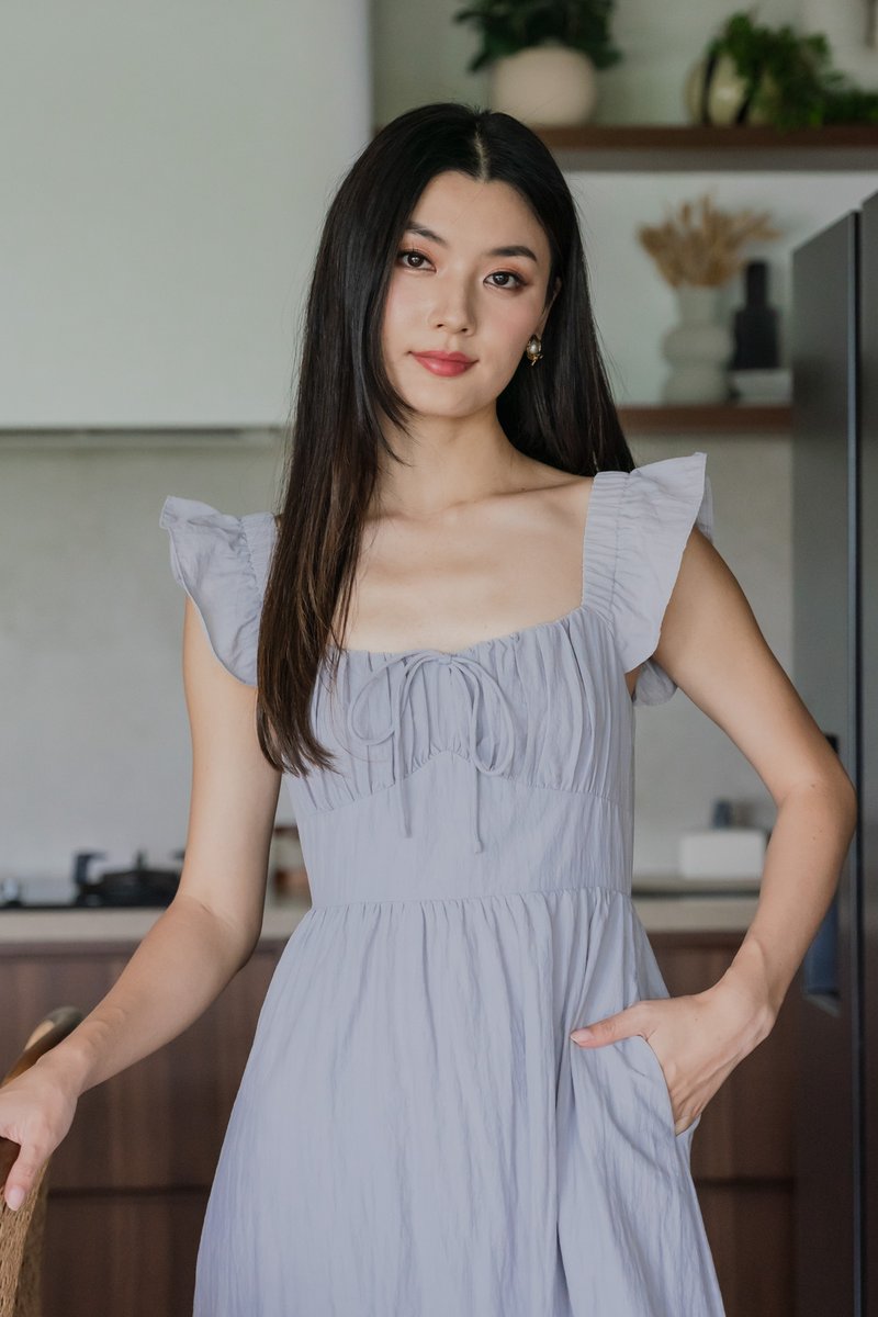 Kura Ruched Ribbon Midi Dress In Light Grey