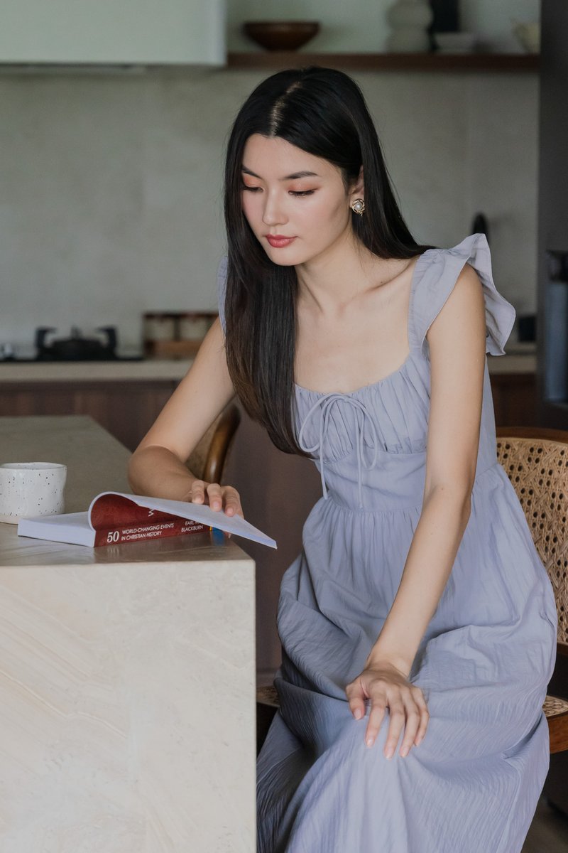 Kura Ruched Ribbon Midi Dress In Light Grey