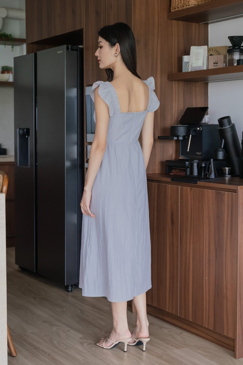 Kura Ruched Ribbon Midi Dress In Light Grey