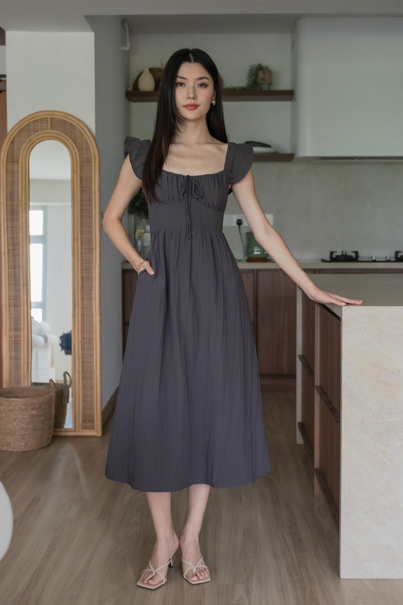 Kura Ruched Ribbon Midi Dress In Gunmetal