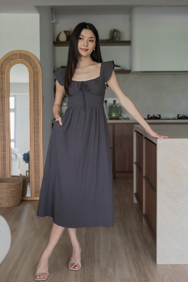 Kura Ruched Ribbon Midi Dress In Gunmetal