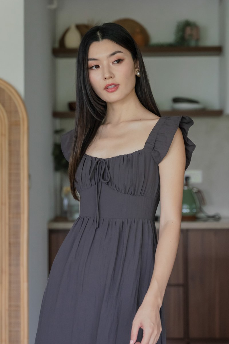 Kura Ruched Ribbon Midi Dress In Gunmetal