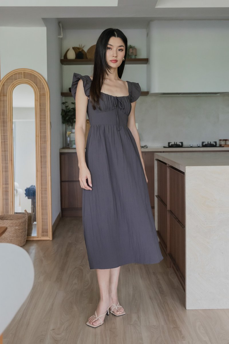 Kura Ruched Ribbon Midi Dress In Gunmetal
