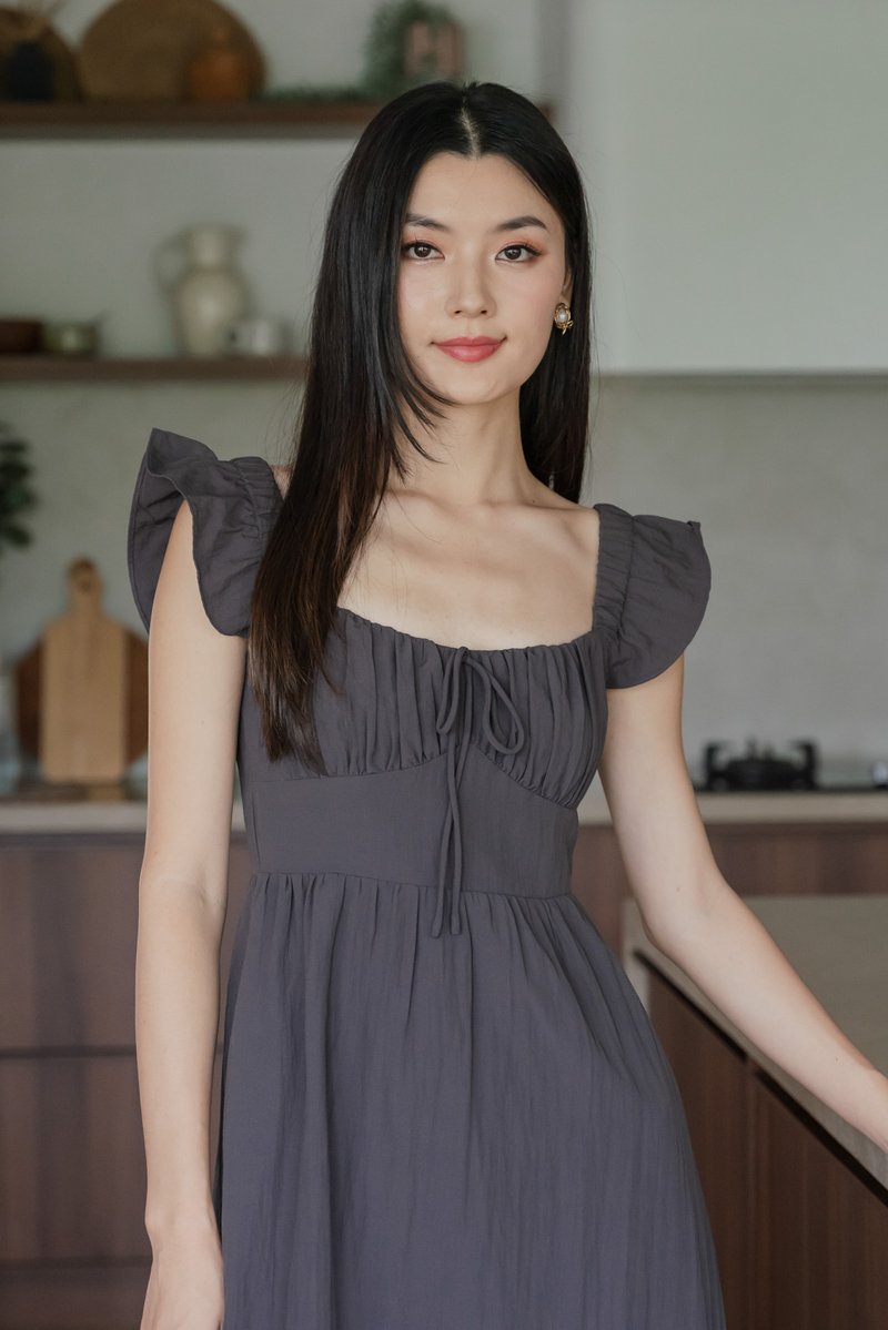 Kura Ruched Ribbon Midi Dress In Gunmetal
