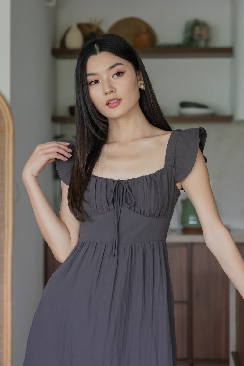 Kura Ruched Ribbon Midi Dress In Gunmetal