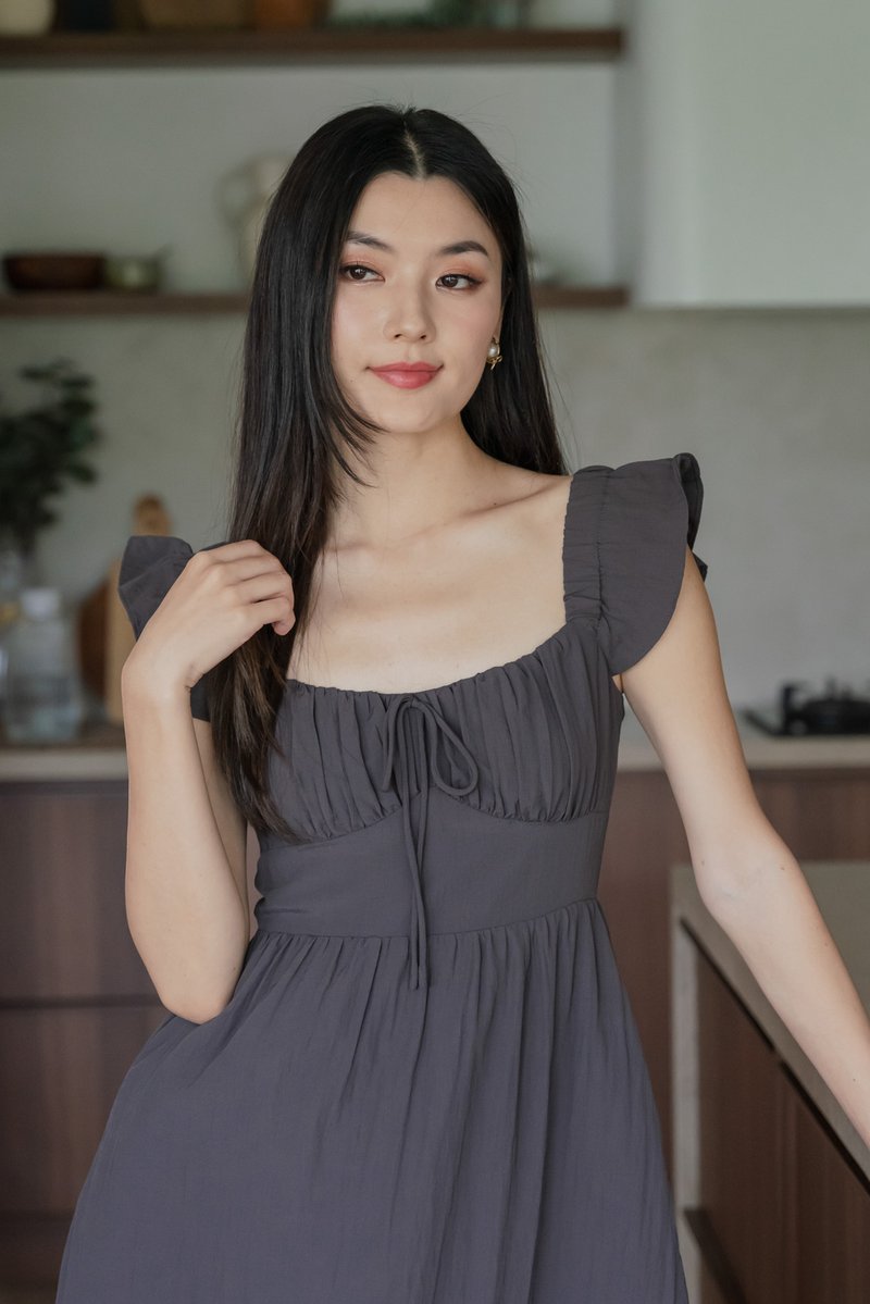 Kura Ruched Ribbon Midi Dress In Gunmetal