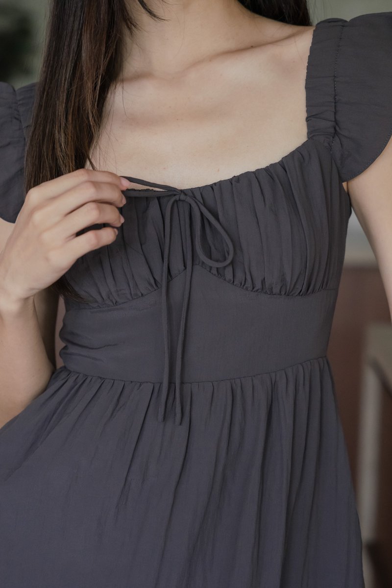 Kura Ruched Ribbon Midi Dress In Gunmetal