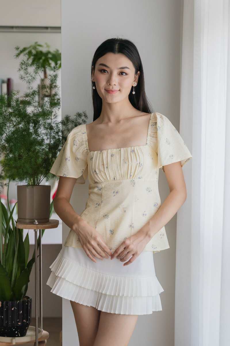 Citrine Floral Prints Ruched Top