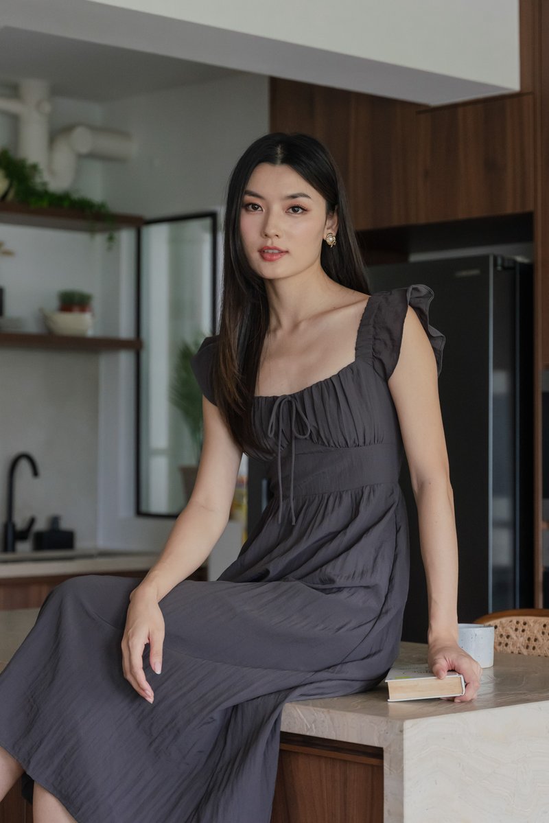 Kura Ruched Ribbon Midi Dress In Gunmetal