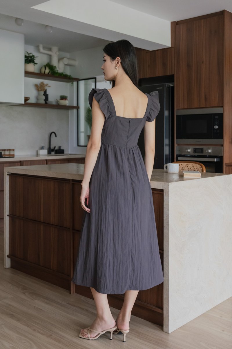 Kura Ruched Ribbon Midi Dress In Gunmetal