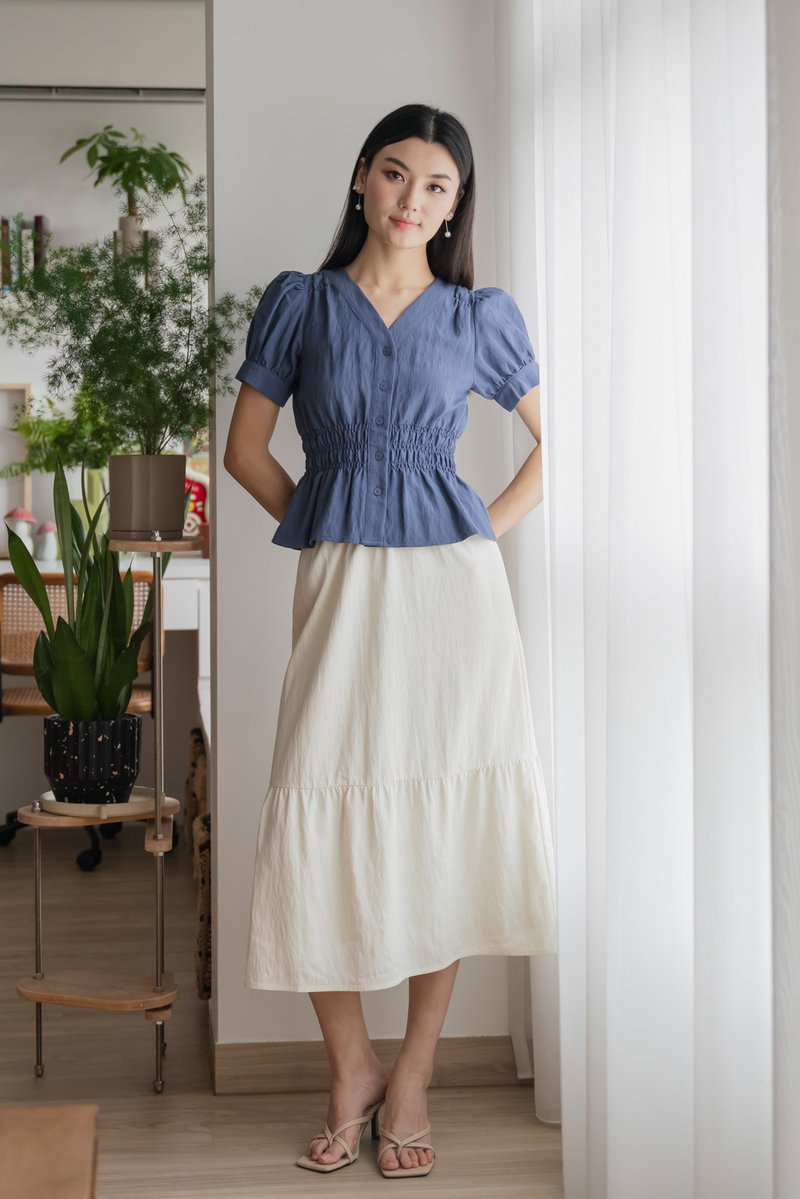 Daffodil Smocked Waist Button Top In Blue