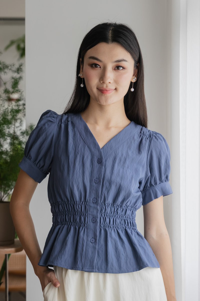 Daffodil Smocked Waist Button Top In Blue