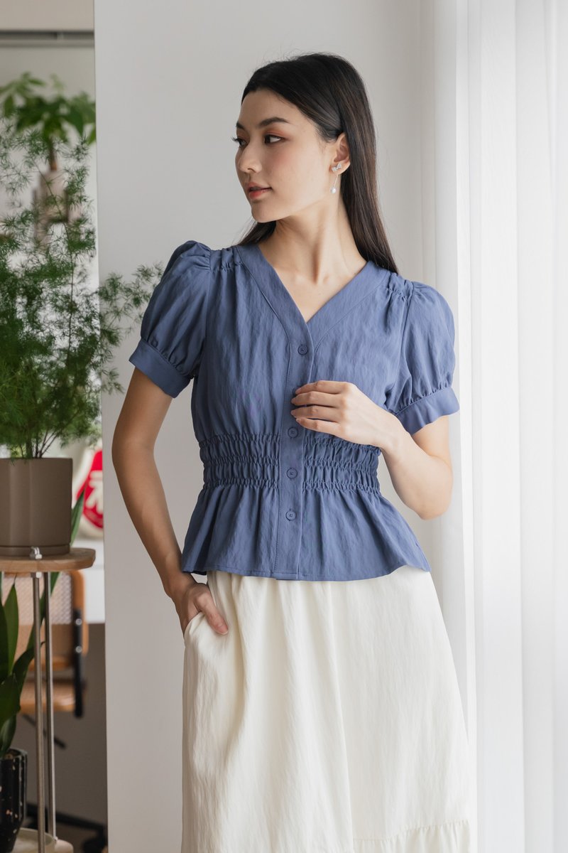 Daffodil Smocked Waist Button Top In Blue