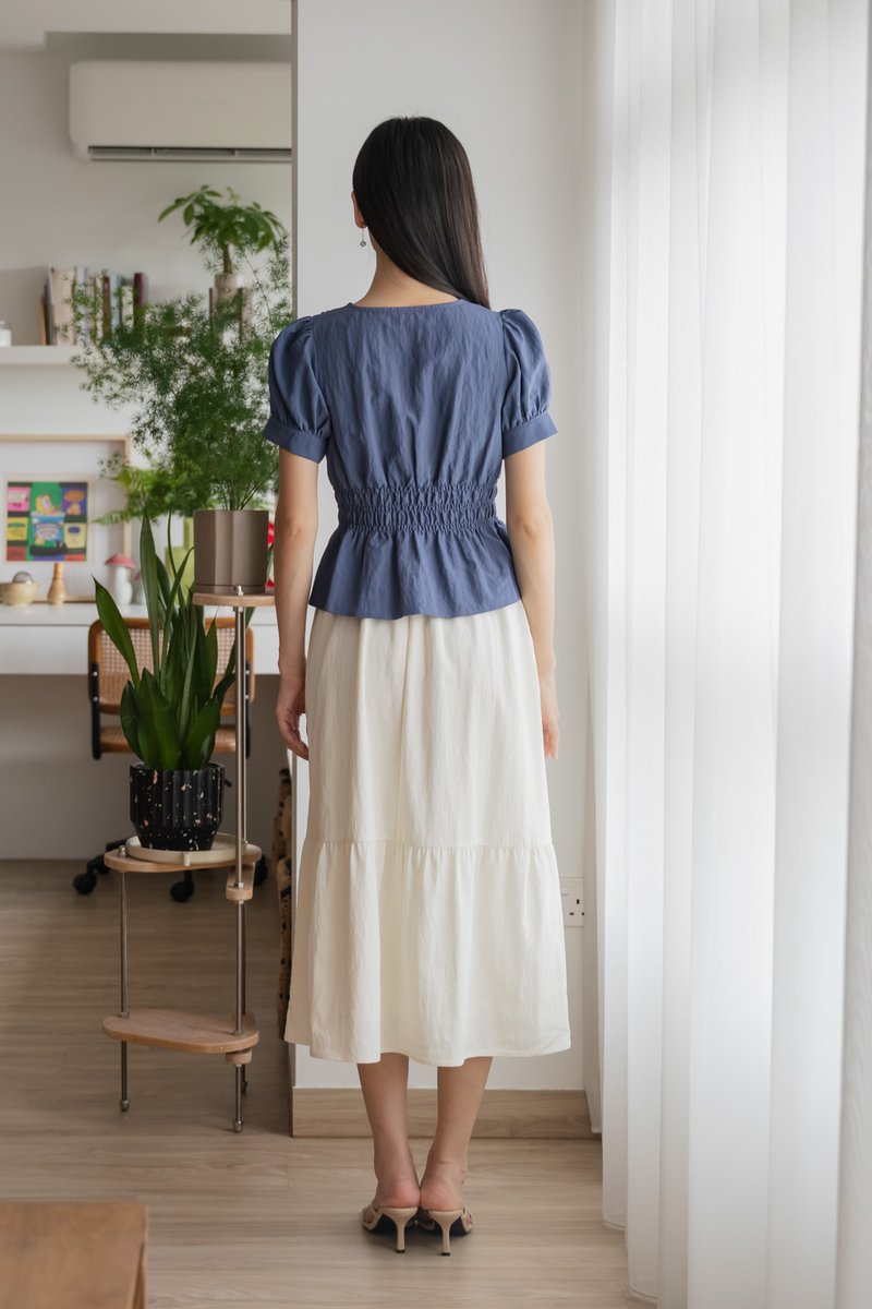 Daffodil Smocked Waist Button Top In Blue