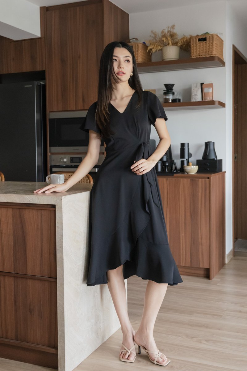 Rylan Faux Wrap Midi Dress In Black