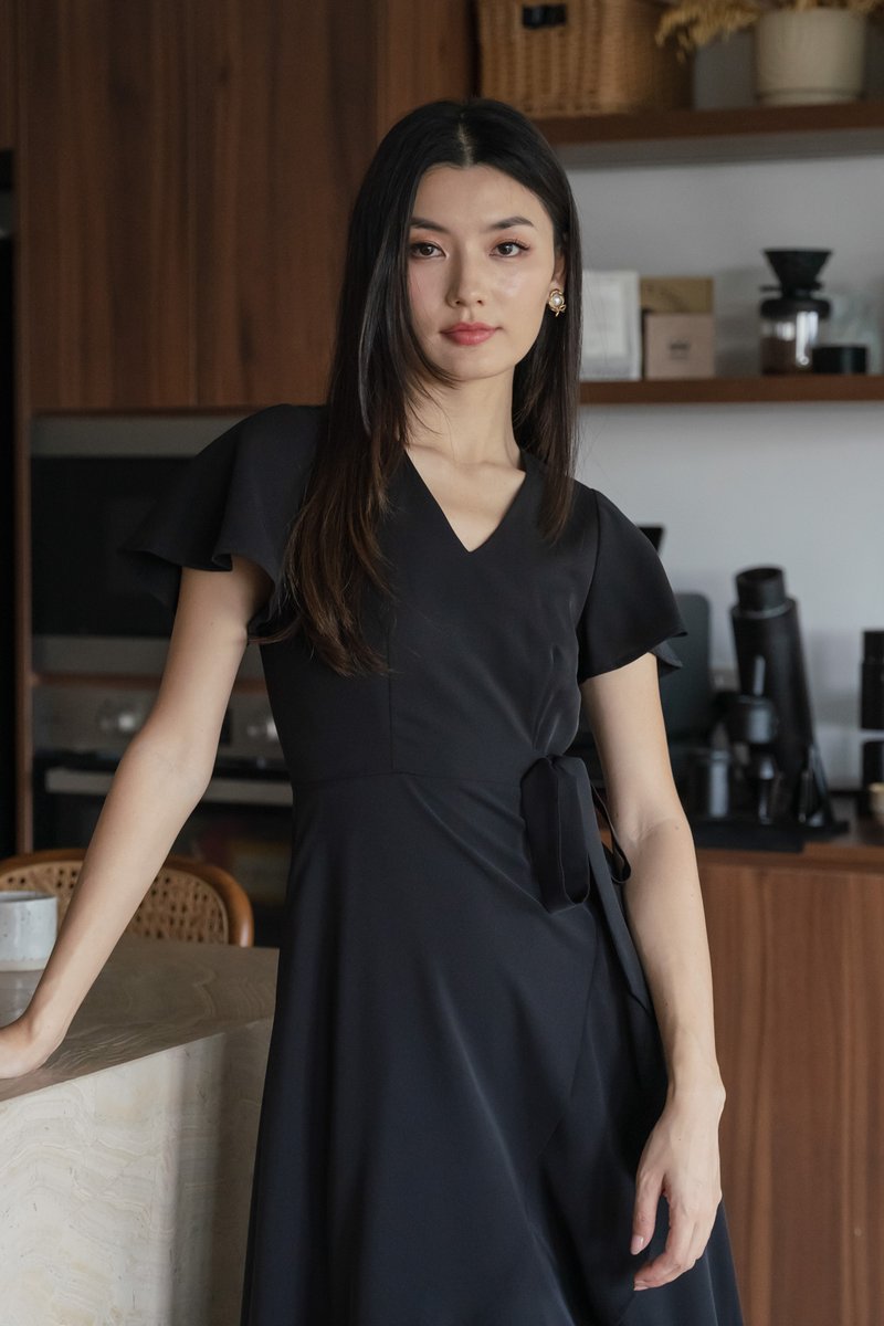 Rylan Faux Wrap Midi Dress In Black