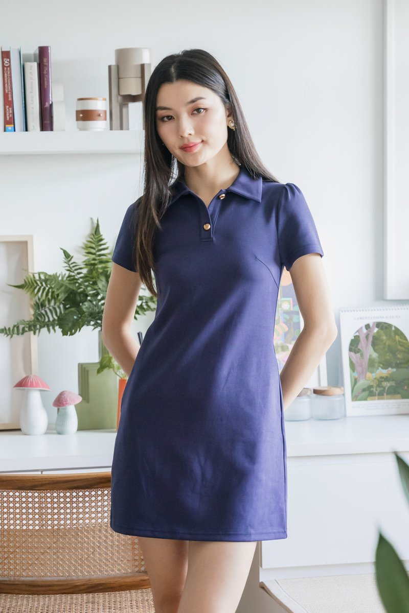 Helen Heart Button Polo Dress In Navy