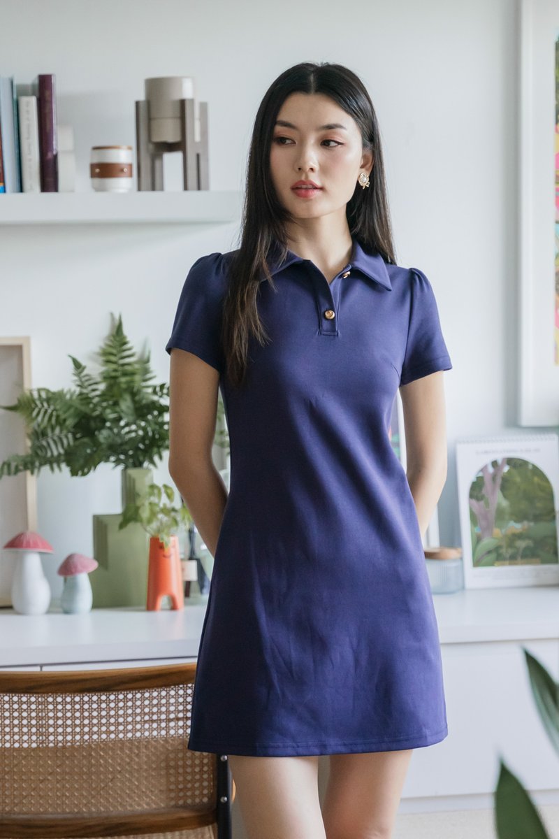 Helen Heart Button Polo Dress In Navy