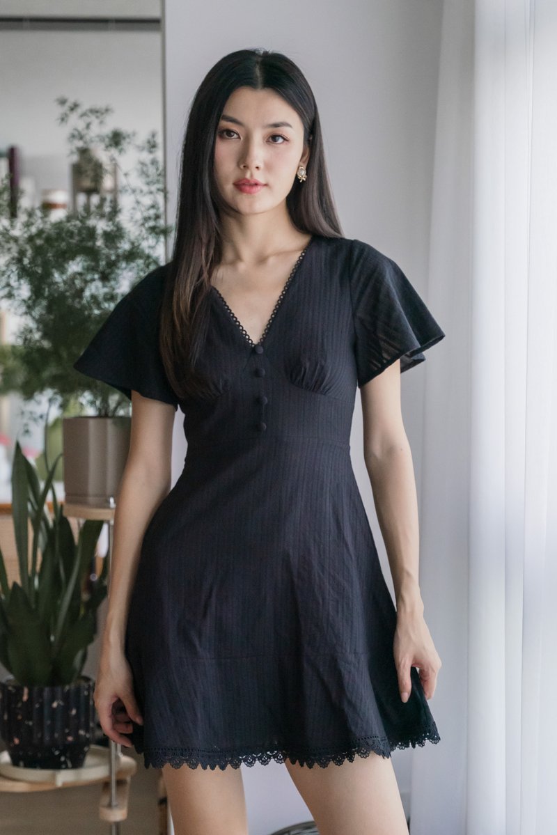 Cyrus Crochet Eyelet Empire Dress In Black