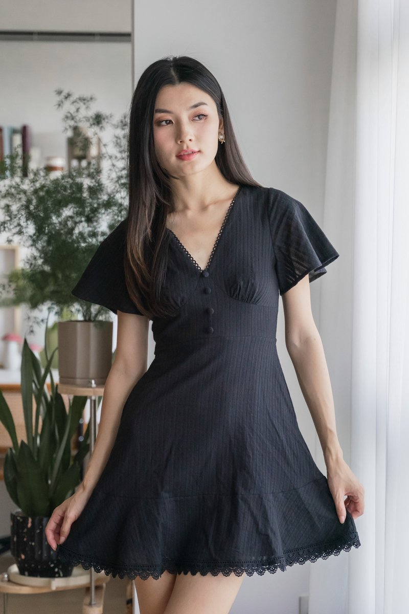 Cyrus Crochet Eyelet Empire Dress In Black