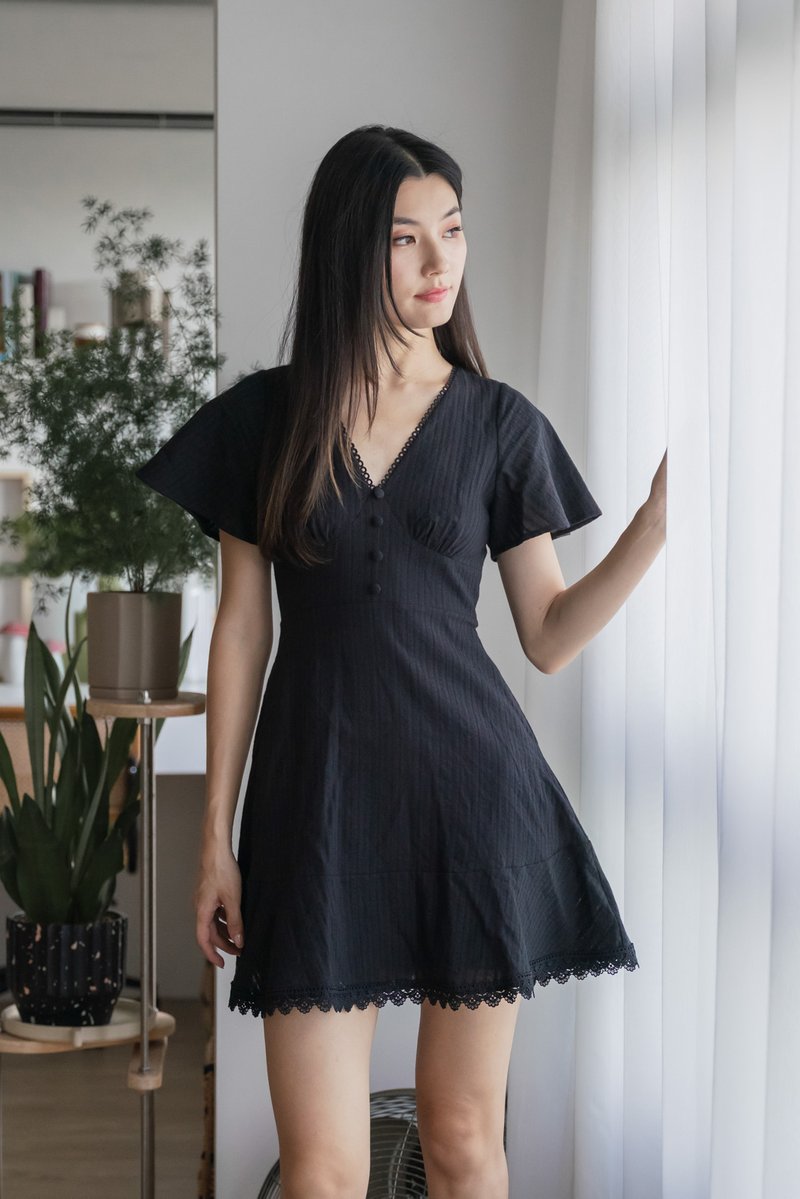 Cyrus Crochet Eyelet Empire Dress In Black