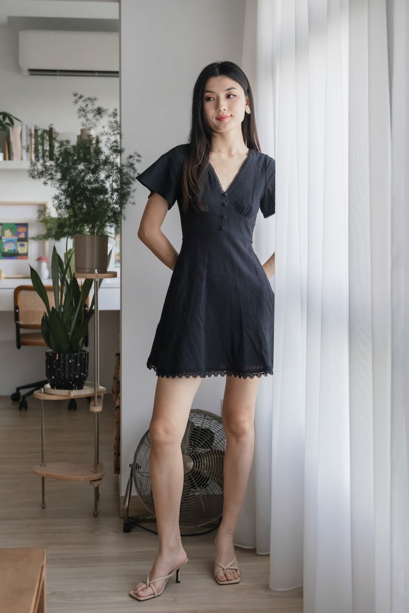 Cyrus Crochet Eyelet Empire Dress In Black