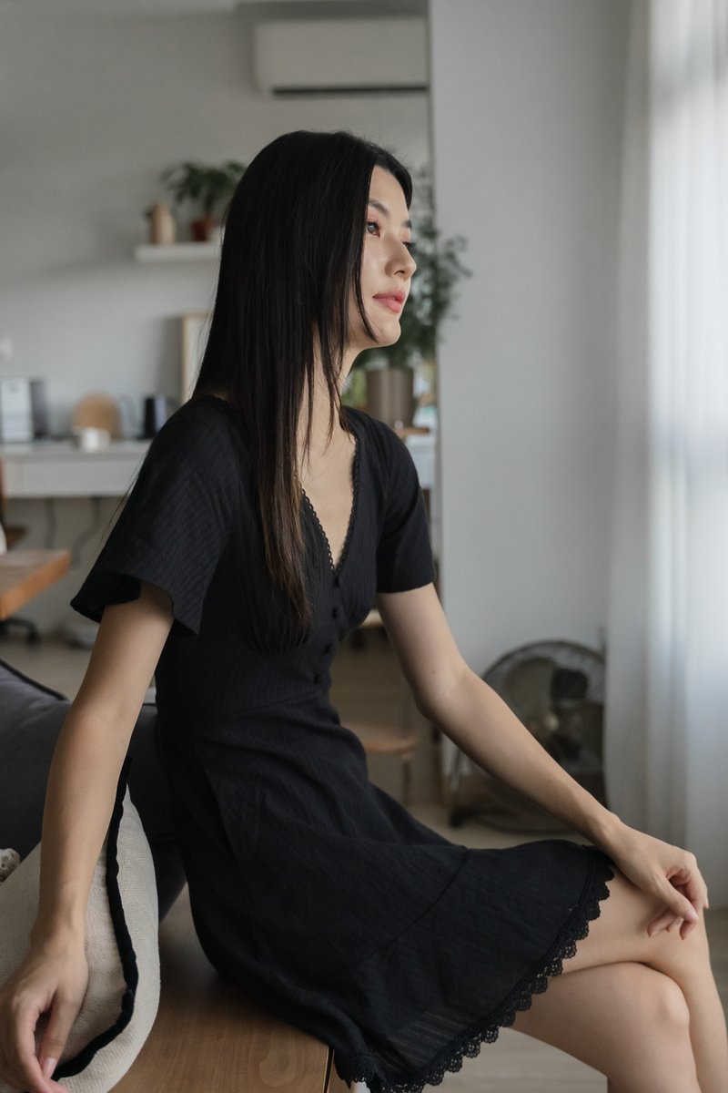 Cyrus Crochet Eyelet Empire Dress In Black