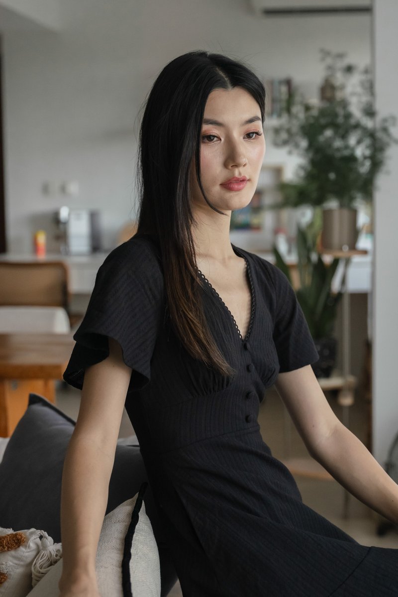 Cyrus Crochet Eyelet Empire Dress In Black