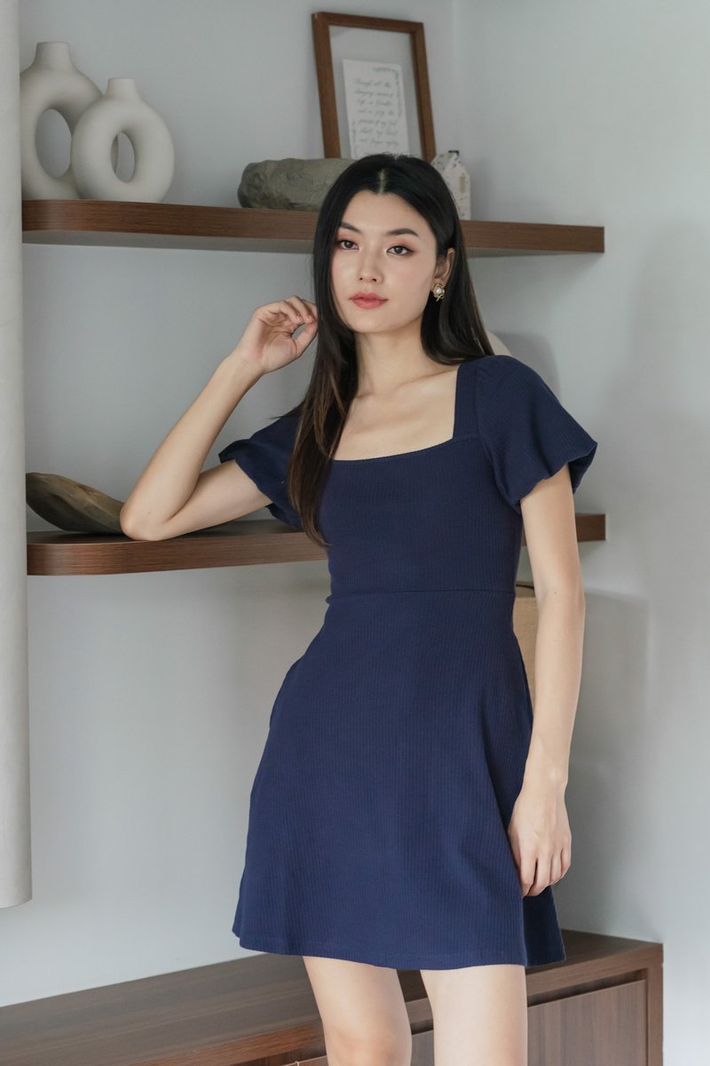 Hayden Ribbed Cotton Dress In Navy