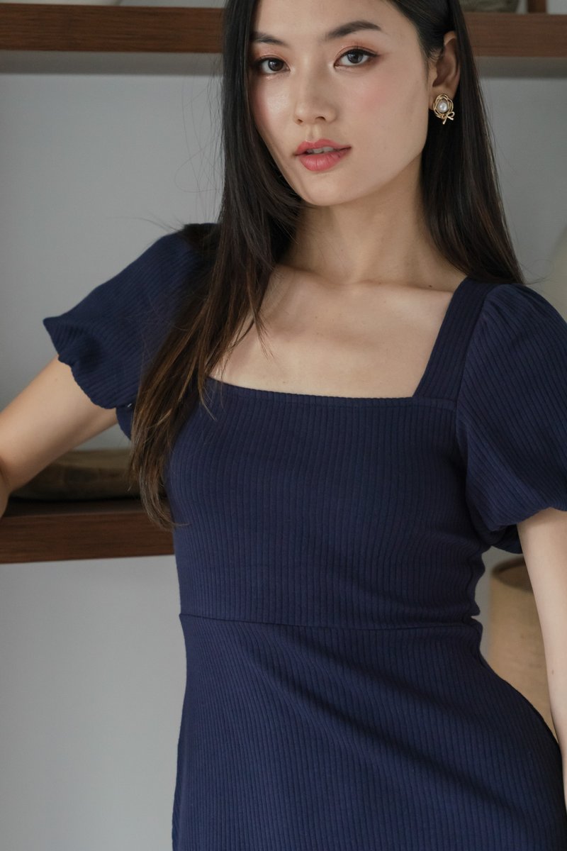 Hayden Ribbed Cotton Dress In Navy