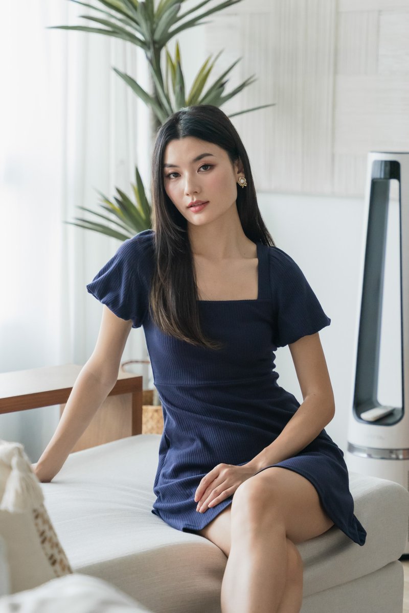 Hayden Ribbed Cotton Dress In Navy