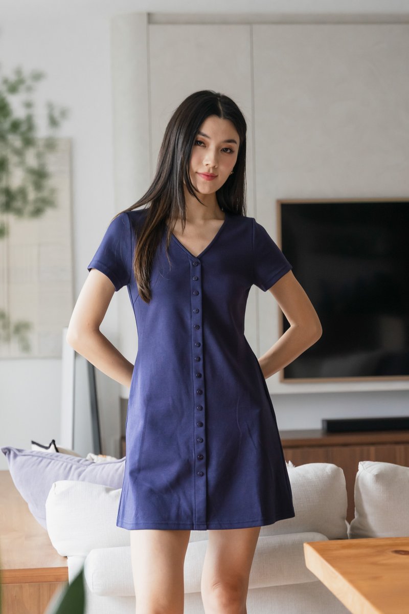 Ocie Buttons Cotton Dress In Navy