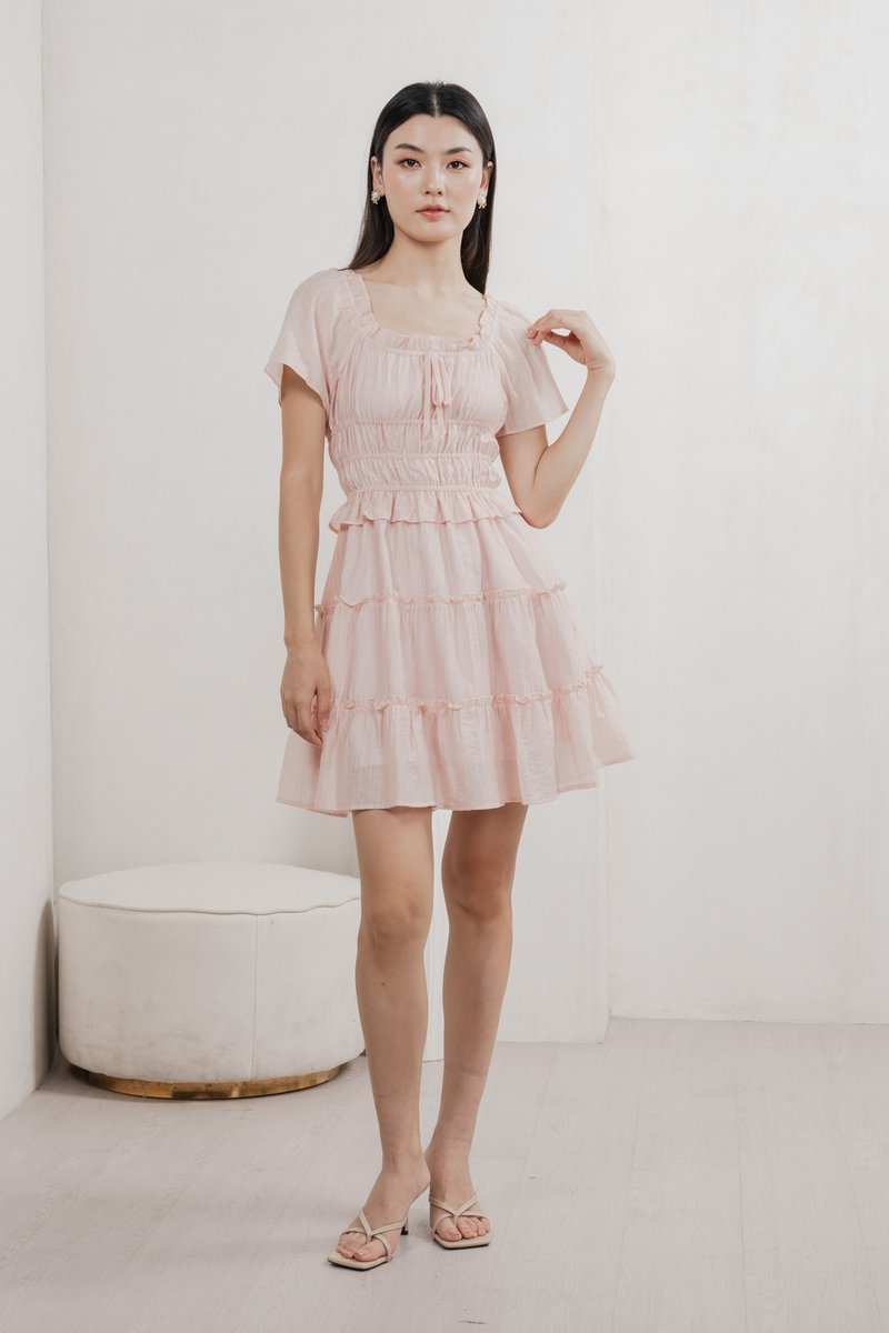 Ripple Textured Ruffles Tiered Dress In Blush Pink