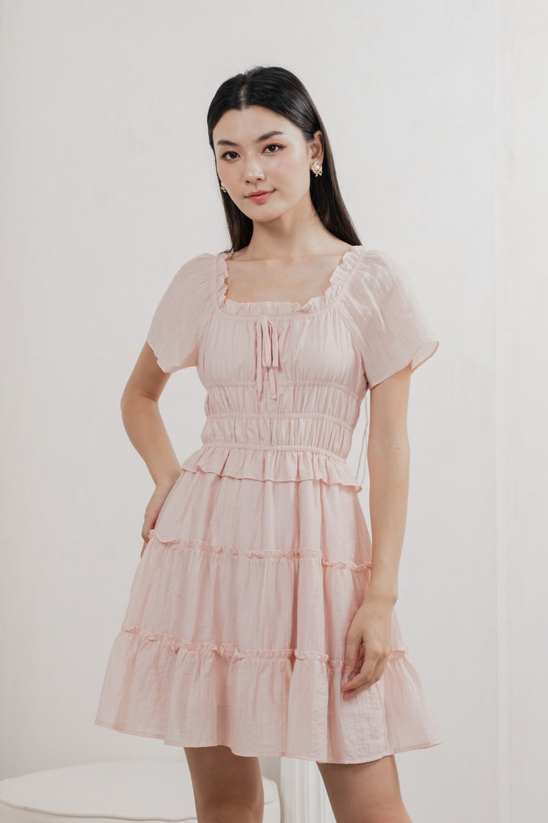Ripple Textured Ruffles Tiered Dress In Blush Pink