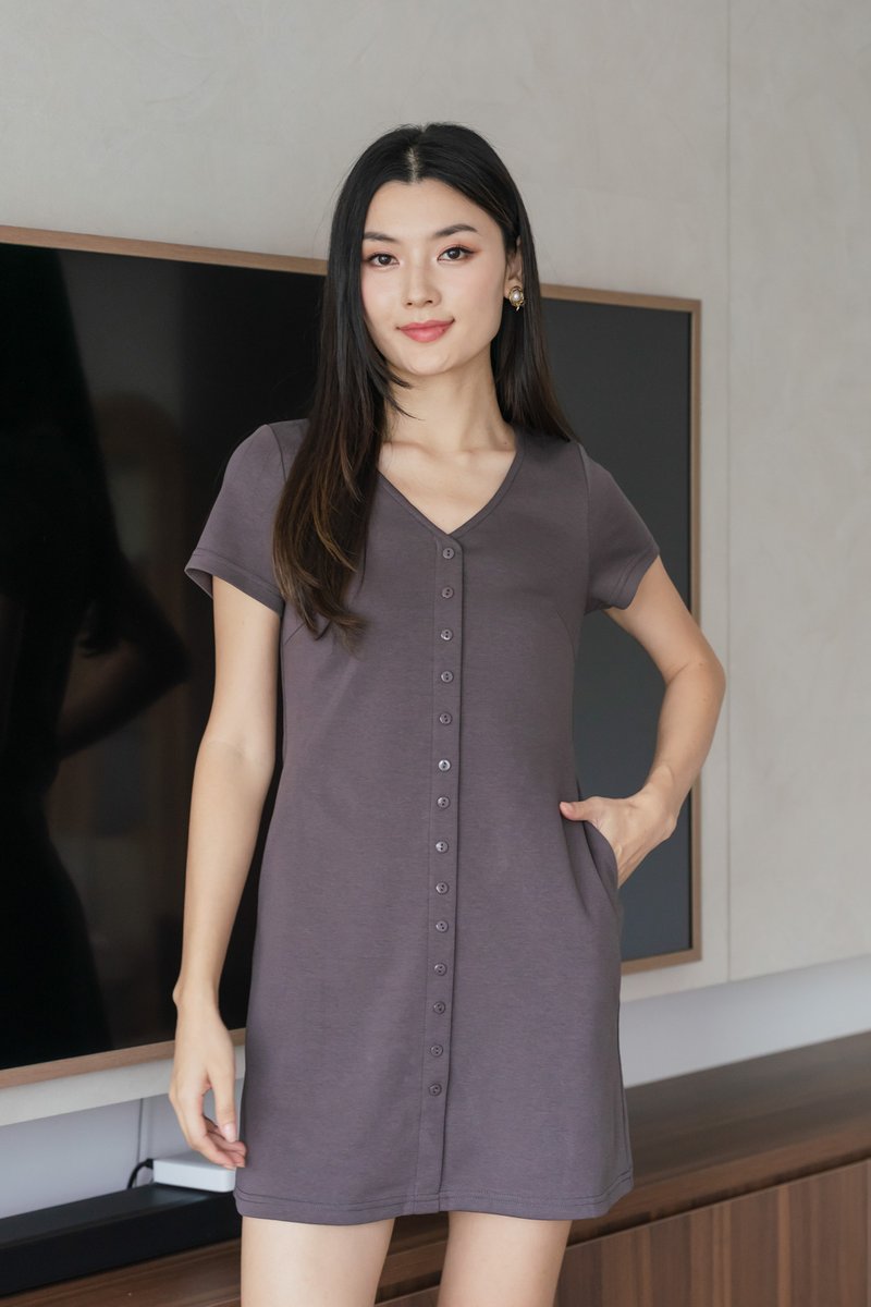 Ocie Buttons Cotton Dress In Gunmetal