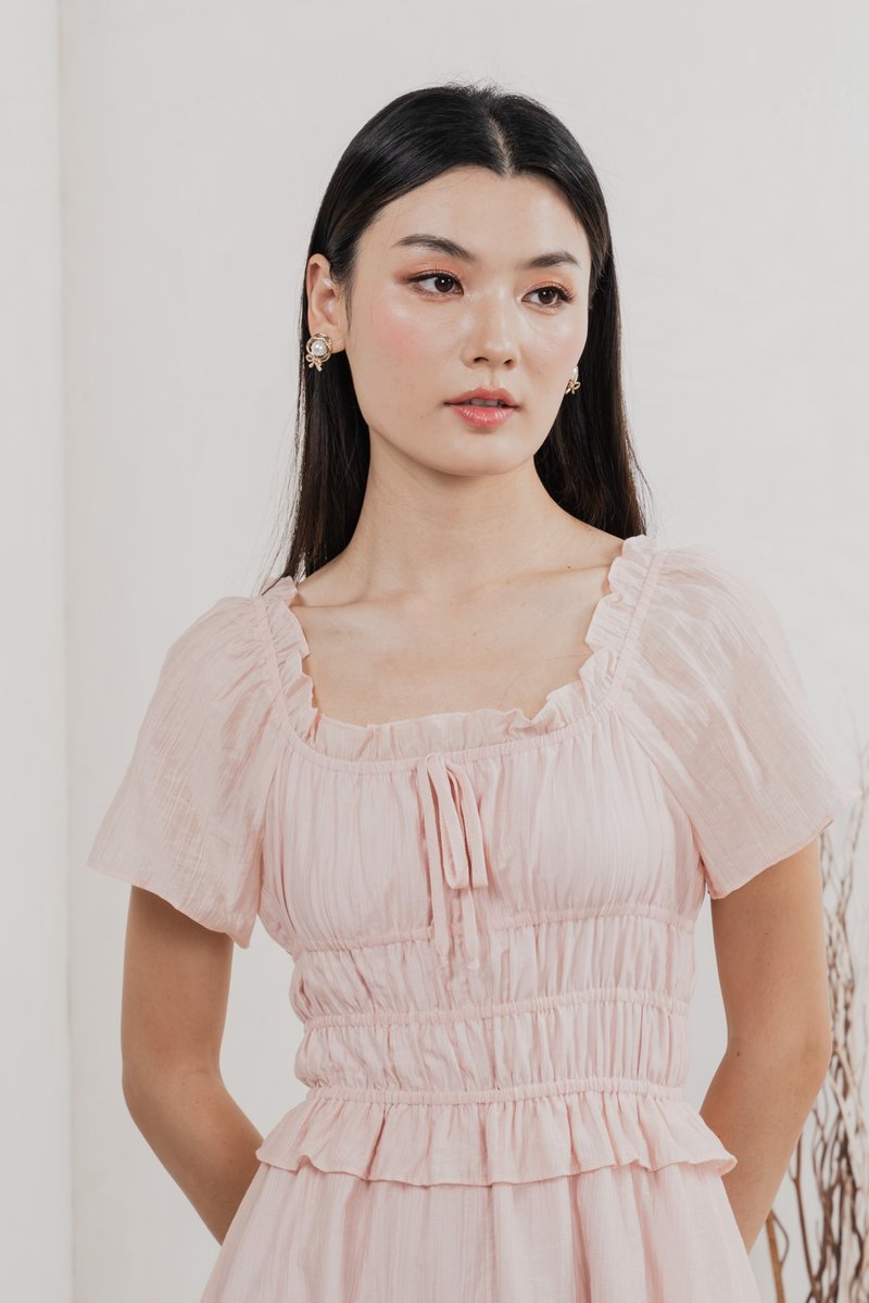 Ripple Textured Ruffles Tiered Dress In Blush Pink