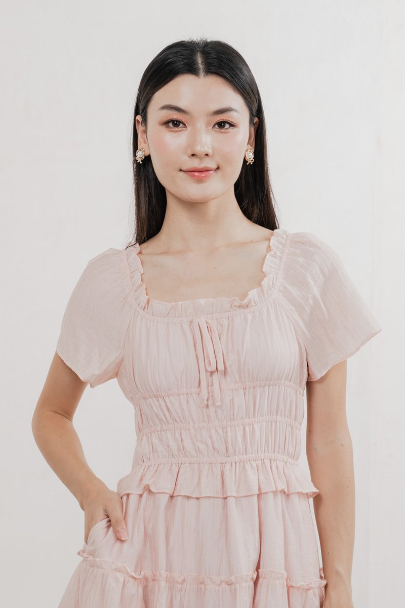 Ripple Textured Ruffles Tiered Dress In Blush Pink
