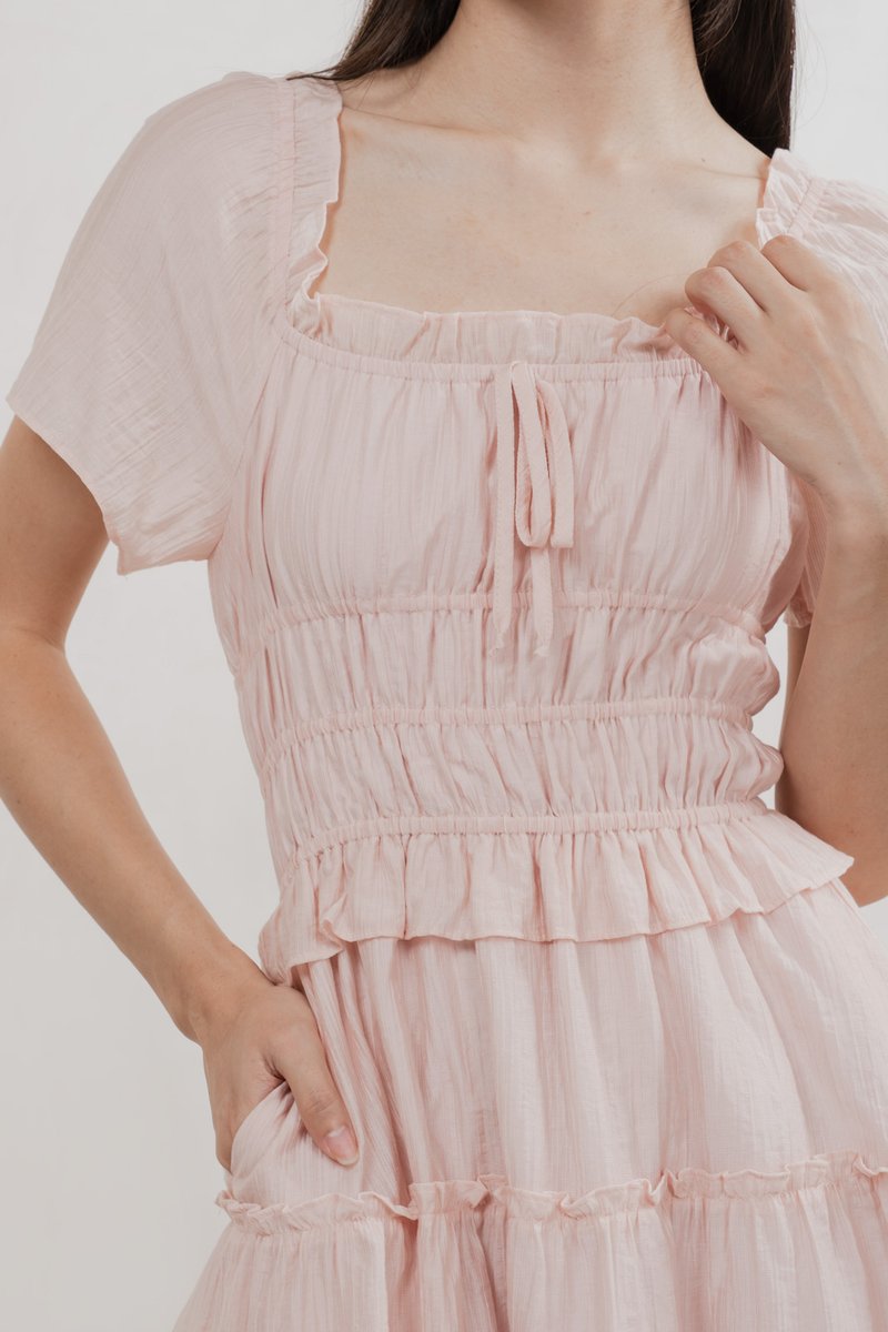Ripple Textured Ruffles Tiered Dress In Blush Pink