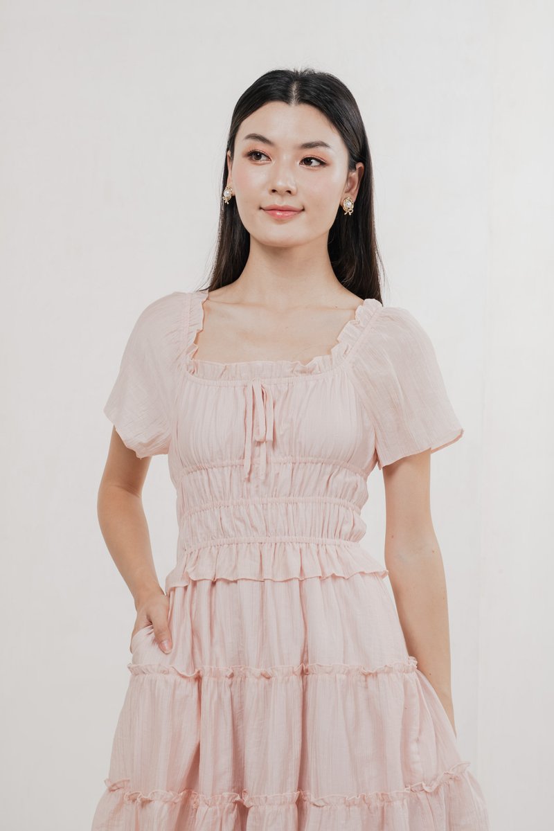 Ripple Textured Ruffles Tiered Dress In Blush Pink