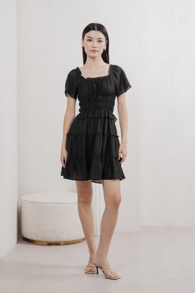 Ripple Textured Ruffles Tiered Dress In Black