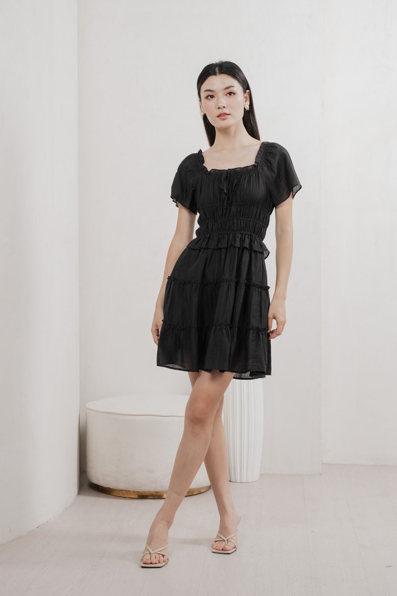 Ripple Textured Ruffles Tiered Dress In Black