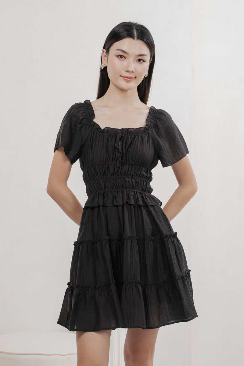 Ripple Textured Ruffles Tiered Dress In Black