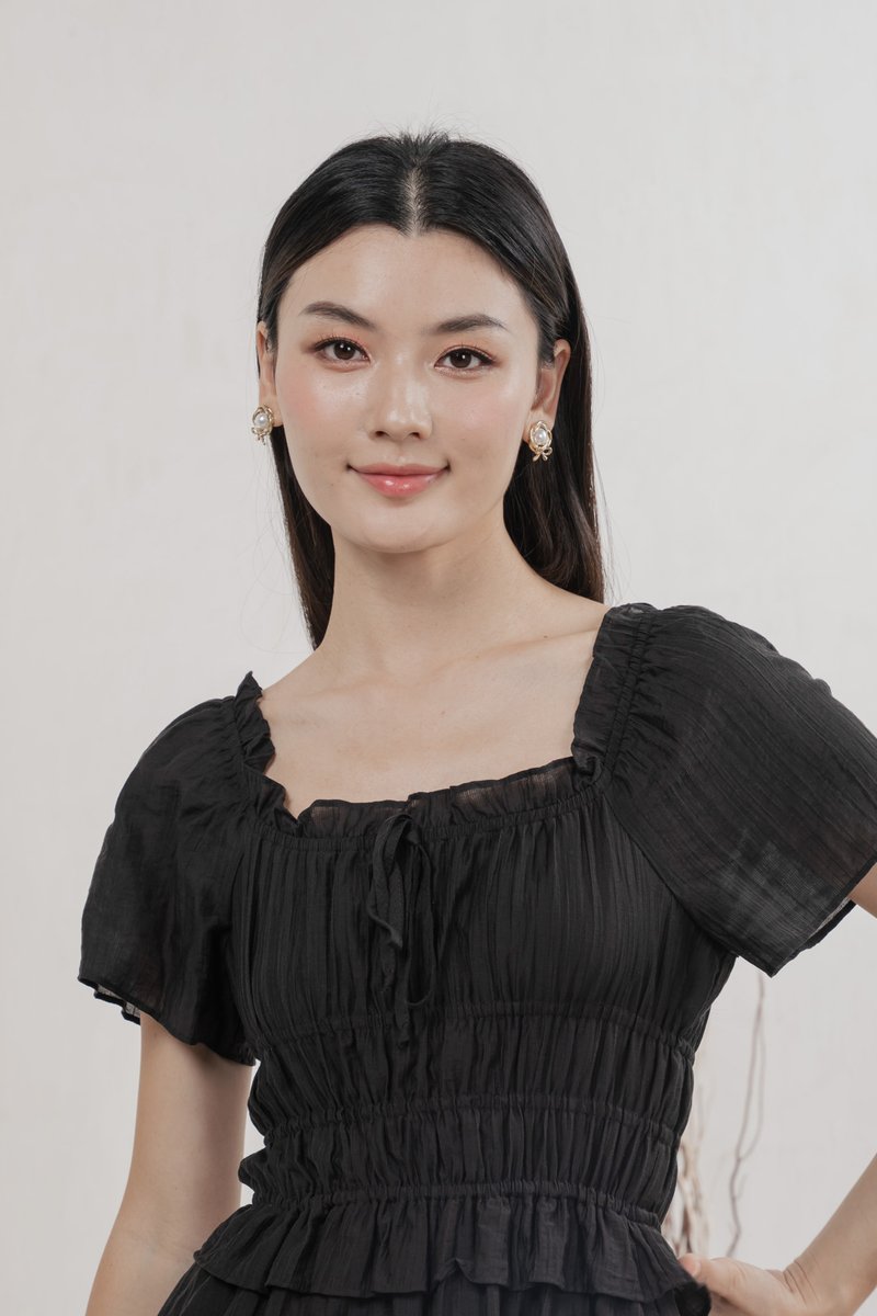 Ripple Textured Ruffles Tiered Dress In Black