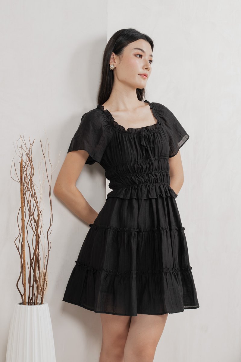 Ripple Textured Ruffles Tiered Dress In Black